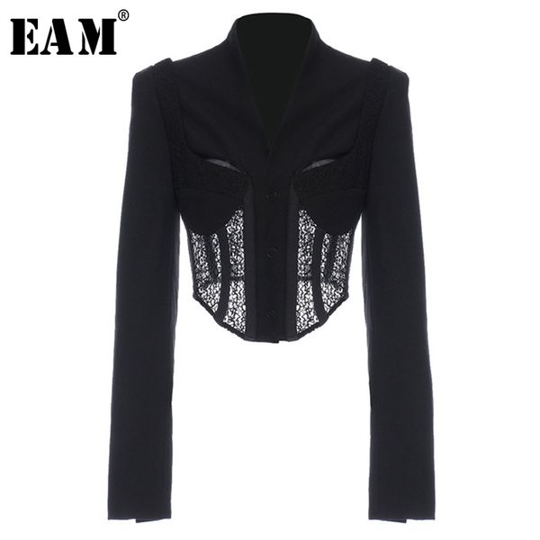 

[eam] women black lace irregular short blazer lapel long sleeve loose fit jacket fashion spring autumn 1y566 211104, White;black