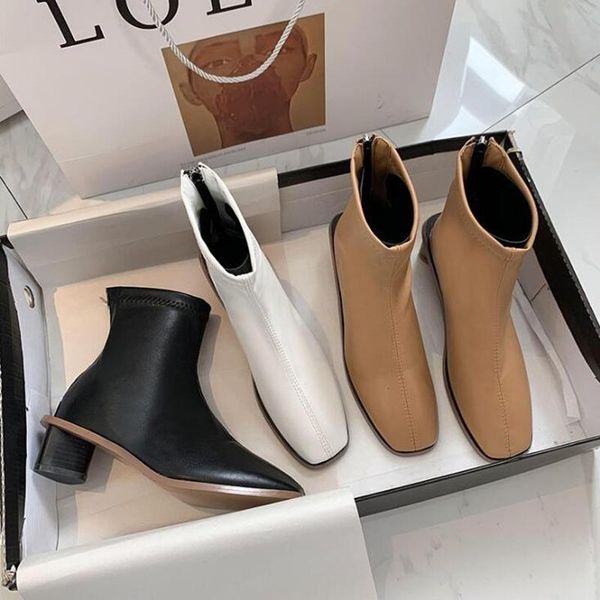 

boots ankle women shoes woman fashion pu high-heeled short 2021 autumn square toe d565, Black