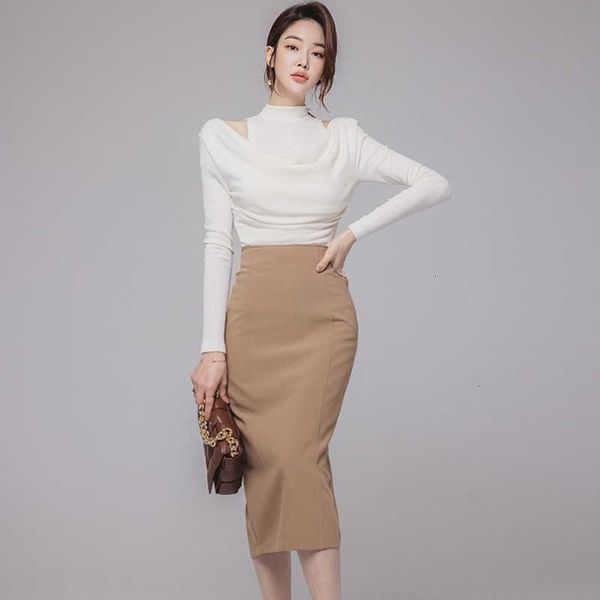 

two piece dress elegant ladies casual suit spring women off shouder chic white knitted + solid hight waist sheath skirt 2 set 9p8f