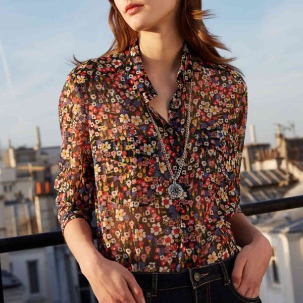 

blouses golden line floral print shirt autumn casual long sleeve button up pocket chic blouse office lady women shirts, White
