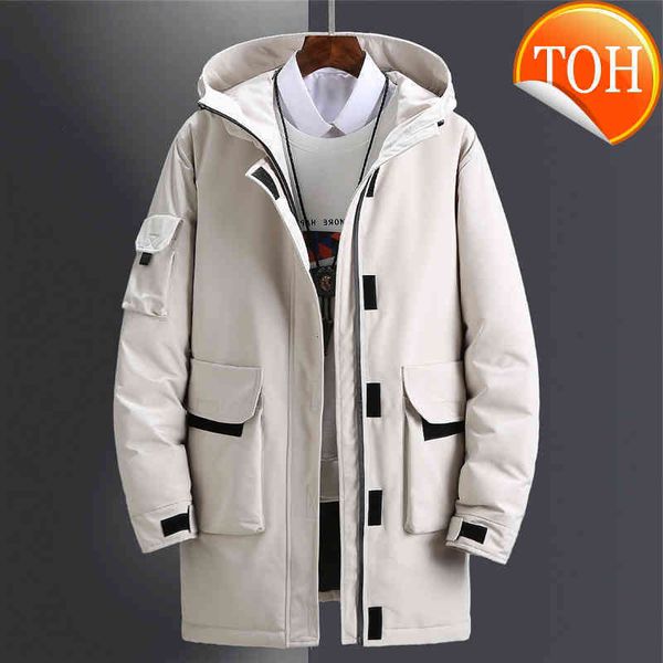 

-25 degree down jacket men winter thick warm parkas mid-long coat hooded casual slim white duck windbreaker overcoat, Black