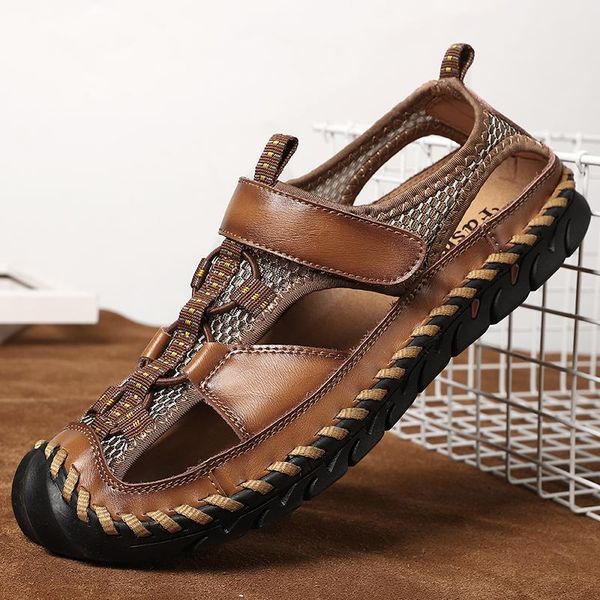 

sandals summer men genuine leather business casual shoes breathable design outdoor beach roman water sneakers, Black