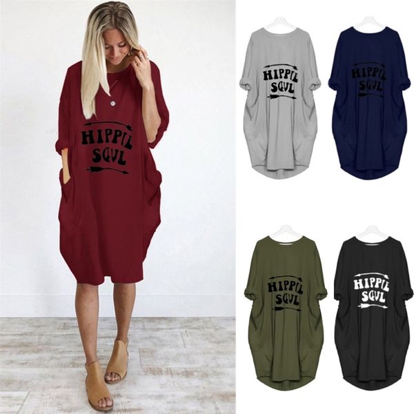 

women's dress 2019 large size loose pocket long sleeve dress, Black;gray