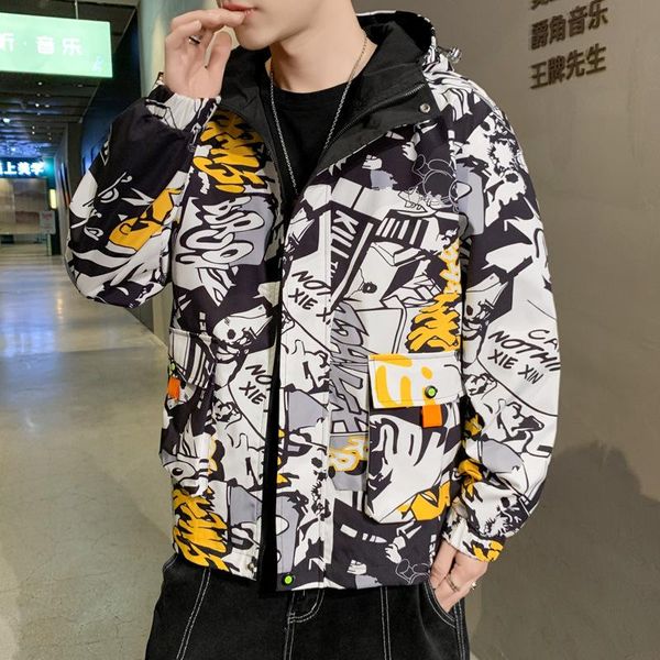 

men's jackets 2021 autumn and winter fashion printed hooded windbreaker casual trend pattern jacket plus size, Black;brown