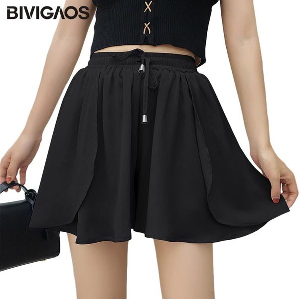 

women's shorts bivigaos summer women fairy skirts small fresh ruffles chiffon wide leg short drawstring casual loose, White;black