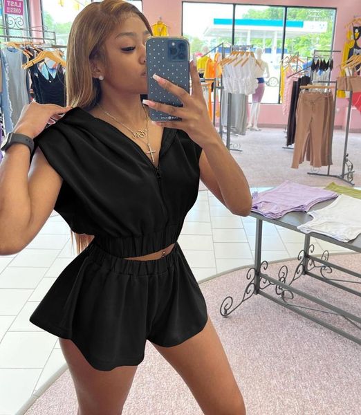 

women's tracksuits rmsfe 2021 ageing soft sleeveless zippered hooded loose clothes + elastic belt solid color buttock shorts 2 piece se, Gray