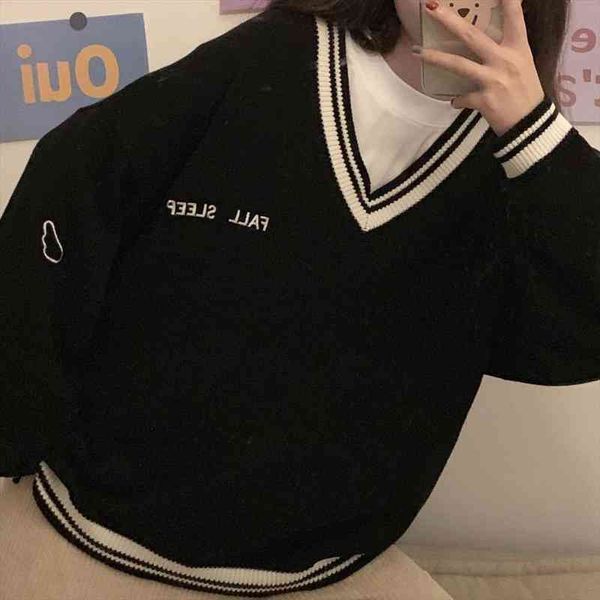 

v-neck oversize sweaters women preppy style letter knit pullovers college girls cute sweater long sleeve casual loose jumpers, White;black