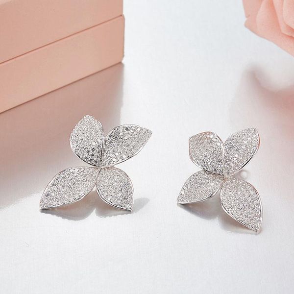 

stud soelle 925 sterling silver luxury petal flower cubic zirconia engagement earrings women glitter elegant party jewellry, Golden;silver