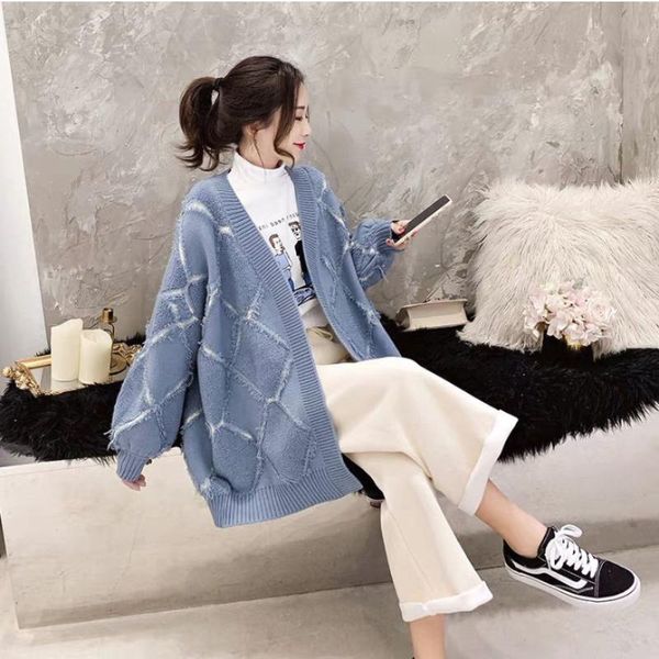 

women's sweaters autumn and winter color matching tassel knit cardigan long lantern sleeve sweater female loose coat, White;black