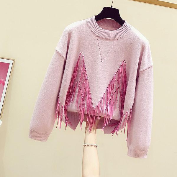 

women's sweaters 2021 autumn winter fashion tassel patchwork round neck long sleeve pullover woman sweater coats casual pink sweet, White;black