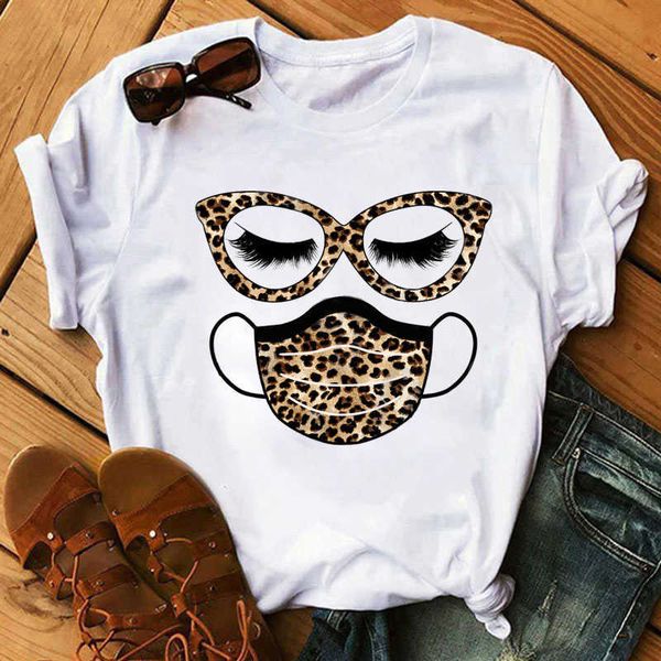 

new fashion women t shirt leopard face mask eyelash print tee shirt female short sleeve tee harajuku t-shirts 90s girls tee x0527, White