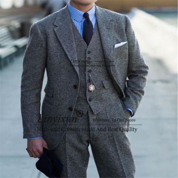 

men's suits & blazers fashion gray wool tweed mens formal business male blazer wedding groom tuxedos 3 piece jacket pant vest set costu, White;black