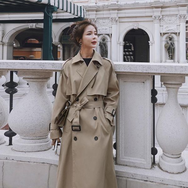 

women's trench coats casual long coat women sashes 2021 plus size spring double breasted elegant khaki loose windbreaker female outwear, Tan;black