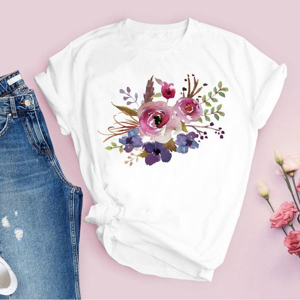 

women's t-shirt 6women graphic flower floral elegant beach cute 90s style vintage print lady tees clothing female t shirt womens, White