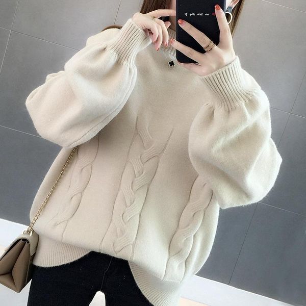 

women's sweaters 2021 loose-fit solid color pullover sweater half-turtle-neck versatile lantern sleeve linen flower base, White;black