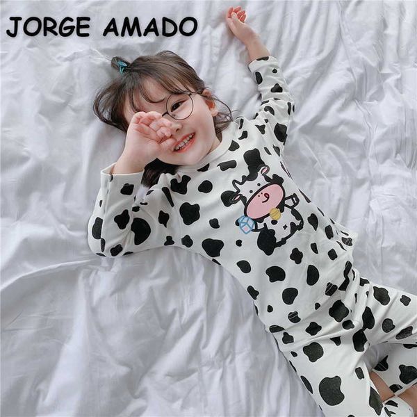 

spring baby pajamas cartoon cow flower rabbit long sleeve brushed cotton girl boy 2pcs sets clothes e32 210610, Blue;red