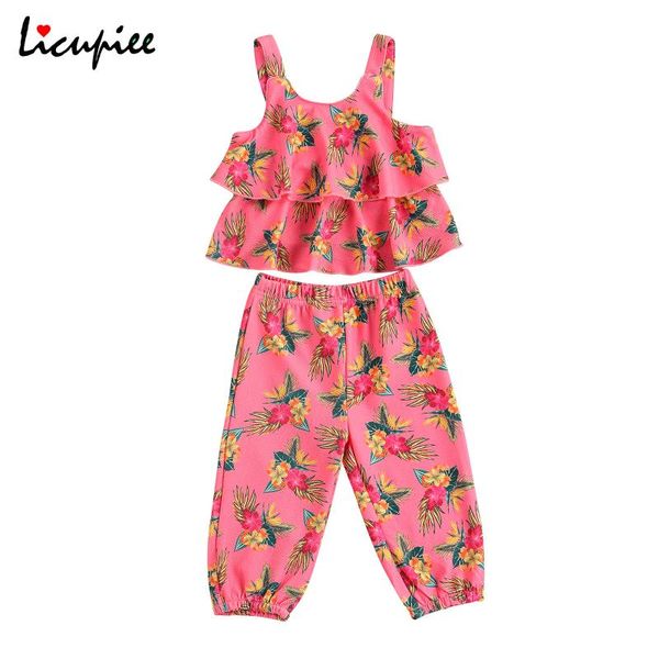 

clothing sets 1-6 years print fashion girl\u2021s summer camisole trousers suit fresh flower ruffles suspender loose long pants, White