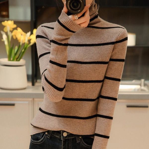 

women's sweaters female sweater knitted with turtleneck, striped wool for autumn and winter 2m44, White;black