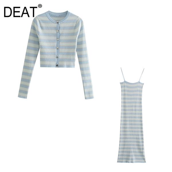 

[deat] spring fashion long sleeve round neck single-breasted sweater stripe sling dress women two-piece suit 13c797 210527, White
