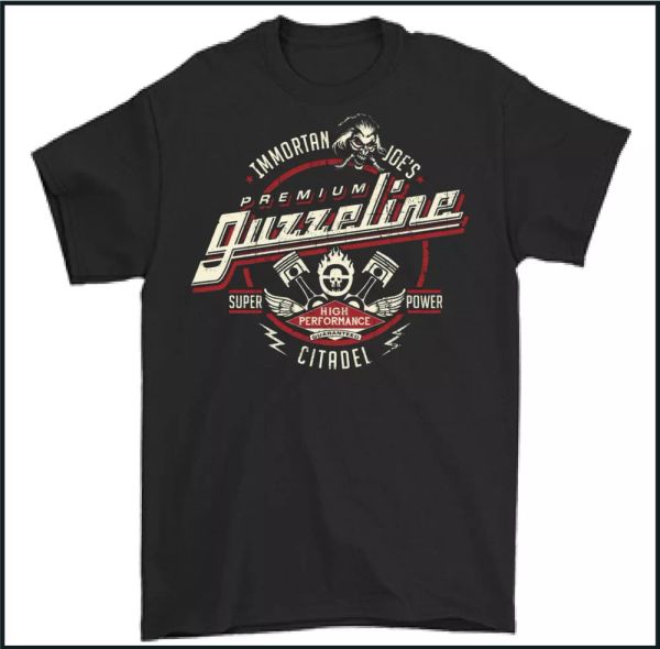 

immorton joe's t-shirt, mad max mfp interceptor guzzeline tee movie, White;black