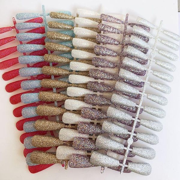 

24/pcs fake nails matte glitter detachable tips for nail extension manicure art press on long full cover false1, Red;gold