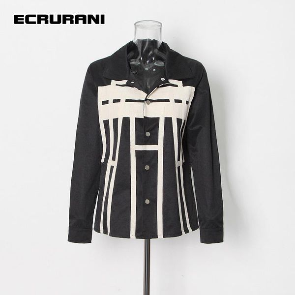

women's jackets ecrurani patchwork vintage coats for women lapel long sleeve hit color streetwear black female 2021 fashion clothing, Black;brown