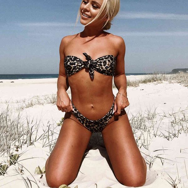 

knotted leopard bikini 2021 women bandeau swimsuit female thong swimwear two pieces bikini set brazilian bathing suit swiming