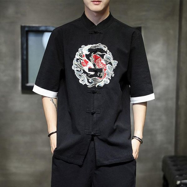 

men's casual shirts 2021 men chinese style mens tang suit linen shirt traditional male hanfu brocade carp -5xl, White;black