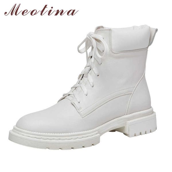 

meotina motorcycle boots women shoes real leather platform mid heel ankle boots lace up thick heels short boots ladies autumn 210608, Black