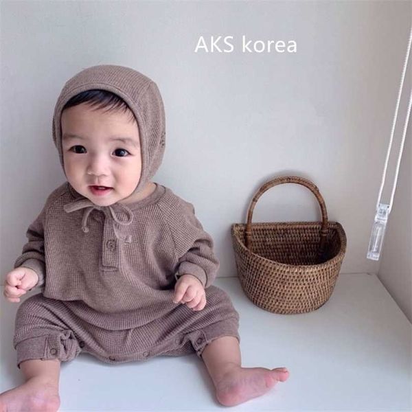 Bebek Suit Waffle Rahat Pamuk Yumuşak Bebek Erkek Romper Uzun Kollu Kızlar Rahat Tulum Onesies Hat 211101