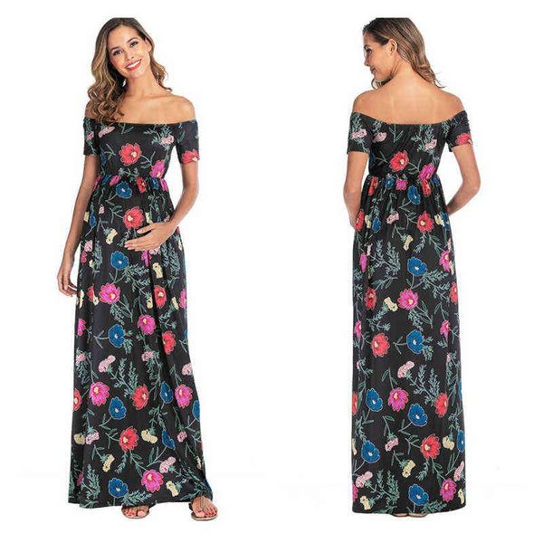 2020 Roupas de maternidade de verão Moda Mulheres grávidas MAXI MAXI Vestidos Mama Manga Curta Casual Floral Impresso Sundress G220309