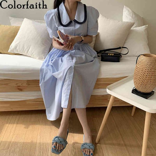 

colorfaith women summer shirt dresses single breasted peter pan collar oversize korean vintage lady long dress dr2181 210427, Black;gray