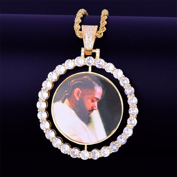 

custom made p rotating double-sided medallions pendant necklace cuban link chain zircon men's hip hop jewelry 2x1.65 inc 71 k2, Silver
