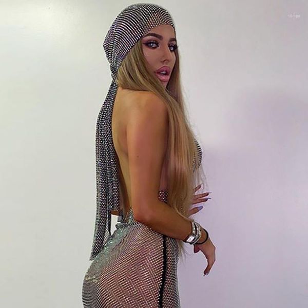 

shiny diamonds see through fishnet celebrity headscarf 2021 fashion hollow out glitter rhinestone black head nightclub party ethnic clot1, Red