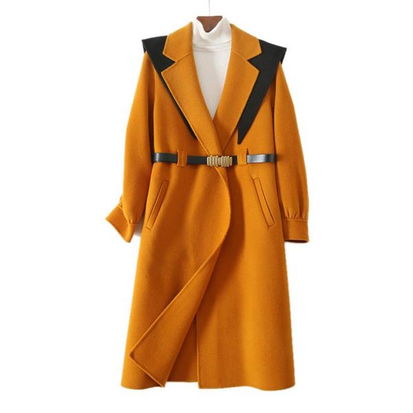 

women's wool & blends 2021 autumn winter fashion woolen overcoat with belt, Black