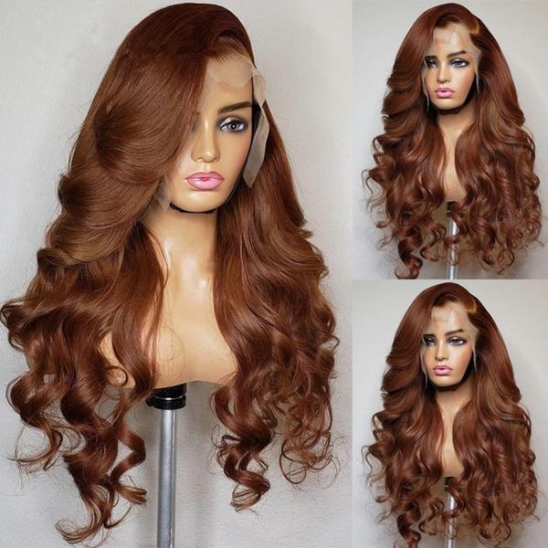 

synthetic wigs glueless brown 180% density pre plucked 13x3 lace front wig for black women with baby hair side part body wave