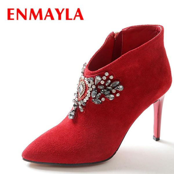 

boots enmayla fashion lether high heels rhinestone ankle for women thin pointed toe wedding shoes woman faux suede, Black