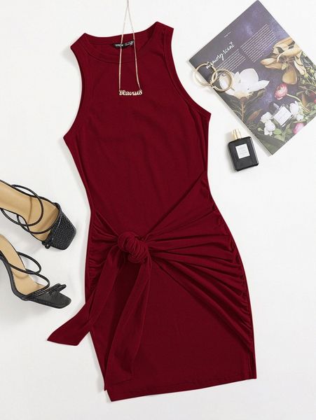 

ruched tie front solid bodycon dress 202t#, Black;gray
