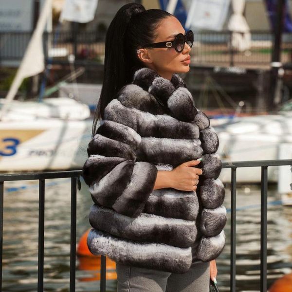 

women's fur & faux real rex jacket stand collar woman winter fashion genuine whole skin coats outwear female 2021, Black