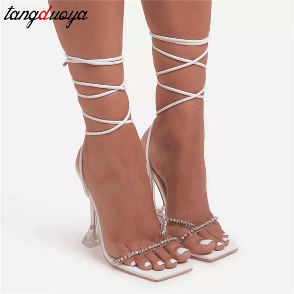 

rhinestone bling women's sandals square toe narrow band lace-up high heels summer women shoes wedding pumps size 35-42 dress, Black