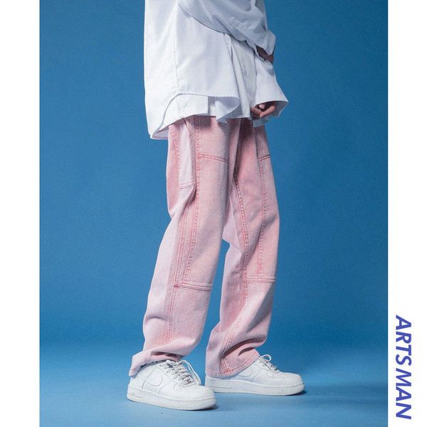 

men's jeans pink washed fashion loose straight cargo wide leg pants high street men trousers vintage male 4qv8, Blue