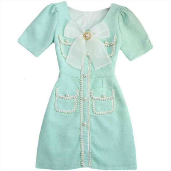 

summer fashion small fragrance short-sleeved beaded bowknot high waist slim temperament ladies dress, Black;gray