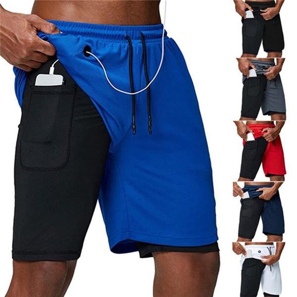 

summer men's 2 in 1 shorts casual outdoor double-deck pants male running training fitness pockets brand fashion, White;black