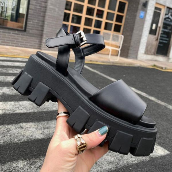 

sandals 2021 women summer flat platform shoes thick bottom peep toe pu leather female footwear buckle strap ladies, Black