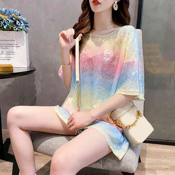 

fashion women t shirt tie-dye gradient color backless round neck letters print short sleeve loose t-shirt top, White