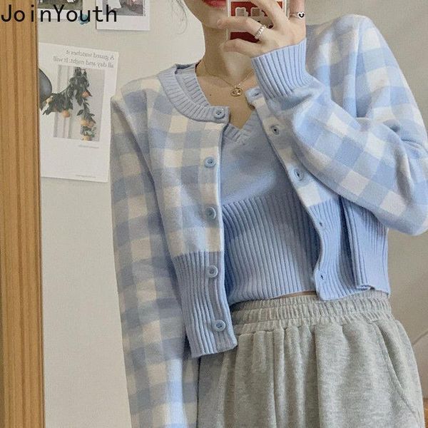 

women's knits & tees joinyouth women sweet plaid suits single breasted cropped knitted cardigan sleeveless v neck vest two piece sets f, White