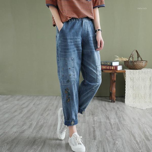 

women's jeans women elastic waist embroidery floral pockets casual trousers loose pants fashion spring summer yoyikamomo, Blue