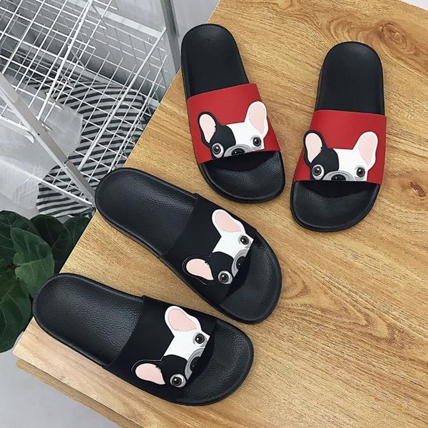 

slippers women summer korean students cute french dog fighting one-word thick-sole casual slipper, Black