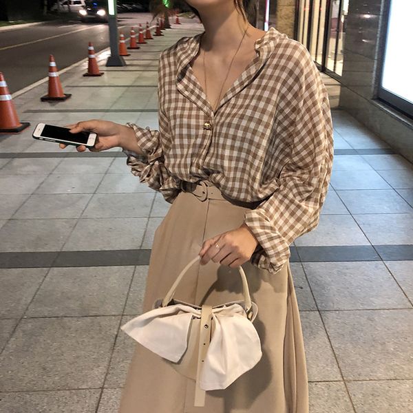 

plaid blouse shirt korean sweet long sleeve blouse autumn women long sleeve tops (S2195), White