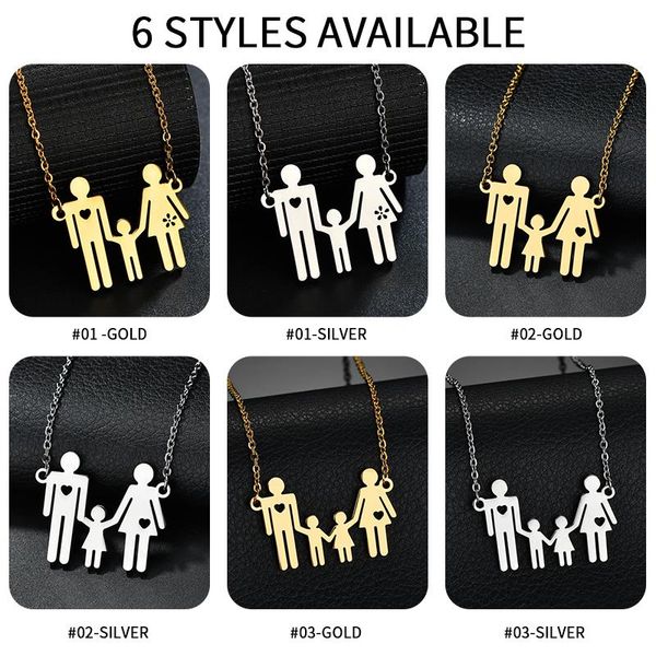 

women cute heart mom dad boy girl family necklace stainless steel gold color figure parents kids chain chains, Silver